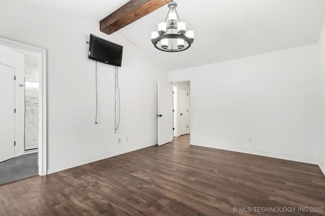 interior space with vaulted ceiling with beams, dark wood-type flooring, and a chandelier