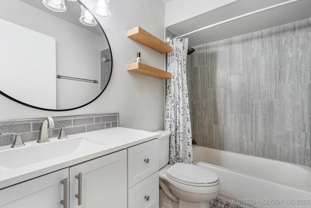 full bathroom with vanity, shower / tub combo, backsplash, and toilet