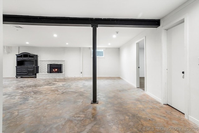 basement featuring a fireplace