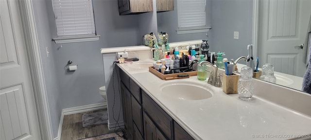 bathroom featuring vanity, wood-type flooring, and toilet