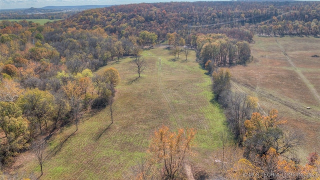 bird's eye view featuring a forest view and a rural view