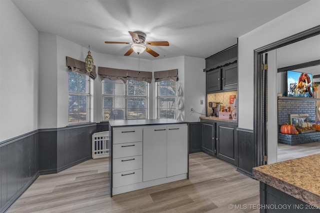 kitchen with backsplash, ceiling fan, a fireplace, and light wood-type flooring