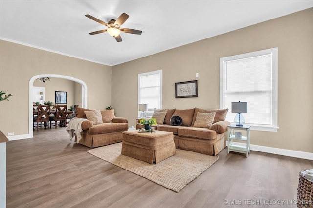 living room featuring crown molding, hardwood / wood-style floors, and ceiling fan