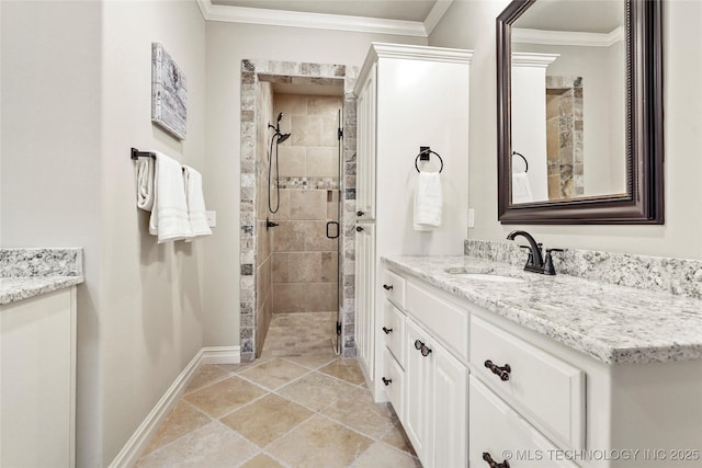 bathroom featuring an enclosed shower, crown molding, and vanity