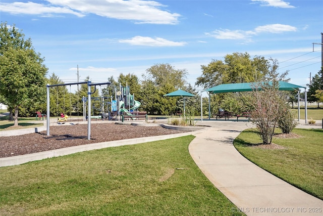 view of jungle gym featuring a yard