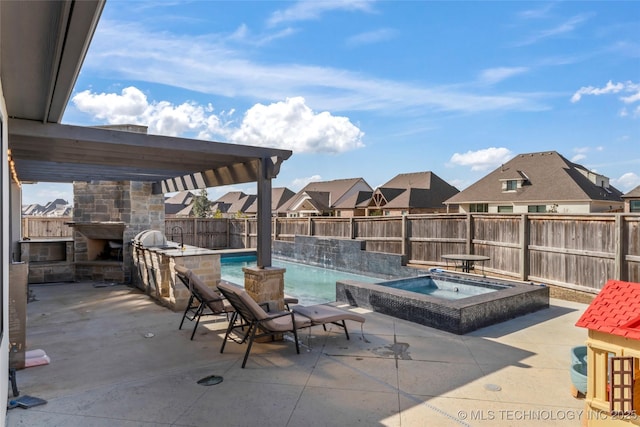 view of pool featuring a bar, an outdoor stone fireplace, an in ground hot tub, a pergola, and a patio area