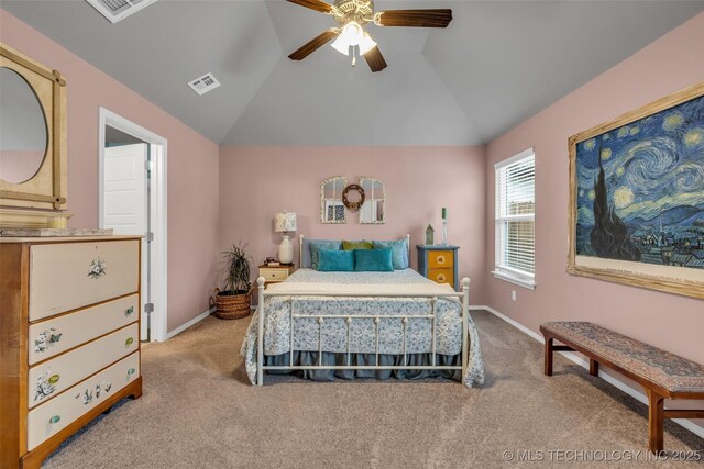 carpeted bedroom featuring ceiling fan and lofted ceiling