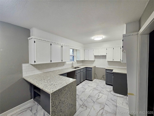 kitchen featuring gray cabinets, sink, kitchen peninsula, and white cabinets