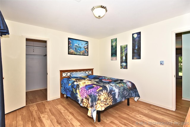 bedroom featuring wood-type flooring, a walk in closet, and a closet