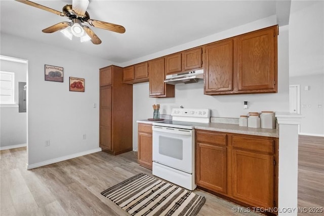 kitchen featuring light hardwood / wood-style flooring, white electric stove, ceiling fan, and electric panel