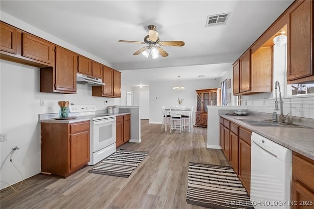 kitchen featuring white appliances, sink, hanging light fixtures, and light hardwood / wood-style flooring