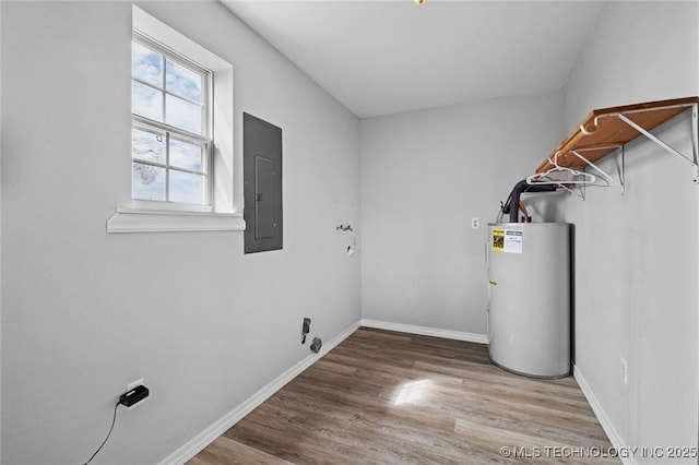 washroom featuring water heater, hardwood / wood-style floors, and electric panel