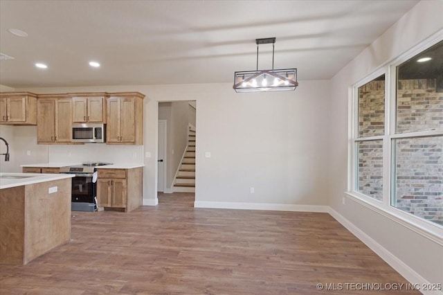 kitchen with sink, stainless steel appliances, pendant lighting, and wood-type flooring