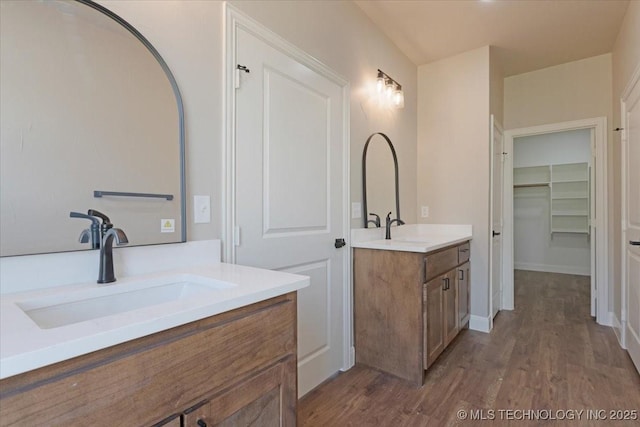 bathroom with hardwood / wood-style flooring and vanity