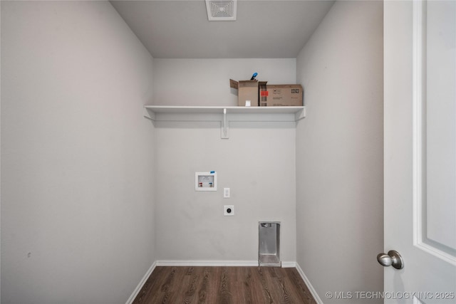 laundry area with electric dryer hookup, dark wood-type flooring, and washer hookup