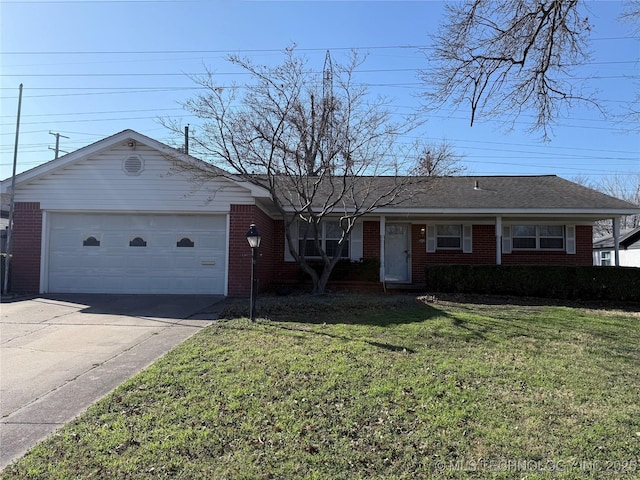 ranch-style home featuring concrete driveway, a garage, brick siding, and a front lawn