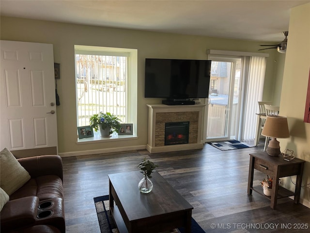 living room featuring dark hardwood / wood-style flooring and ceiling fan