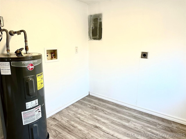 utility room featuring electric panel and water heater