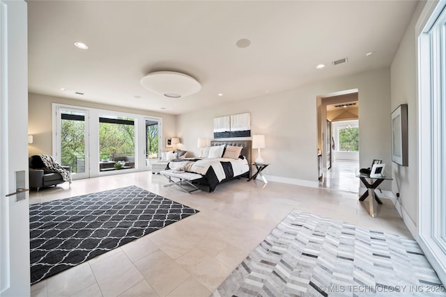 bedroom featuring light tile patterned floors, visible vents, baseboards, access to exterior, and recessed lighting