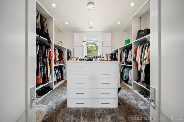 spacious closet featuring visible vents and dark carpet