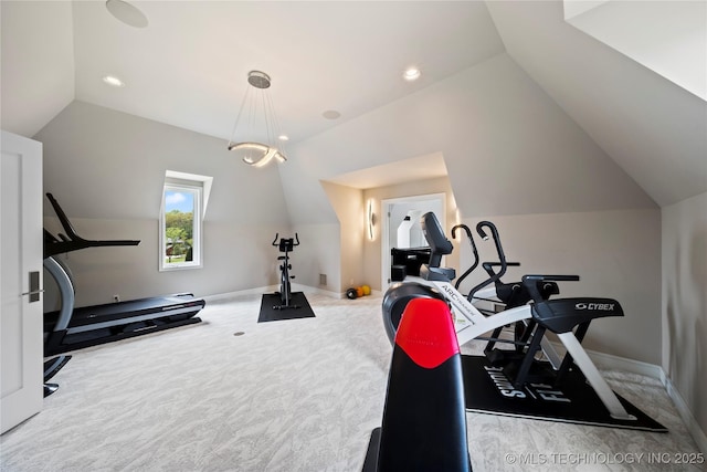 workout room featuring vaulted ceiling, carpet floors, recessed lighting, and baseboards