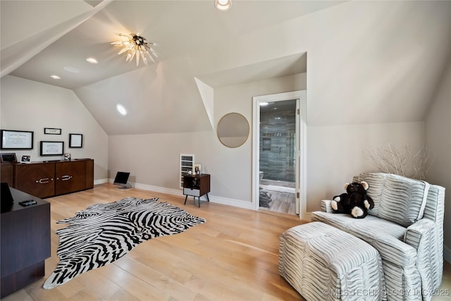 living room with lofted ceiling, recessed lighting, light wood-type flooring, and baseboards