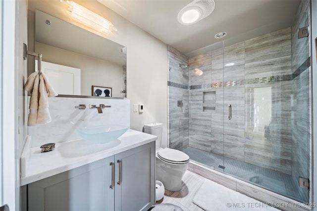 full bath featuring toilet, a shower stall, and vanity