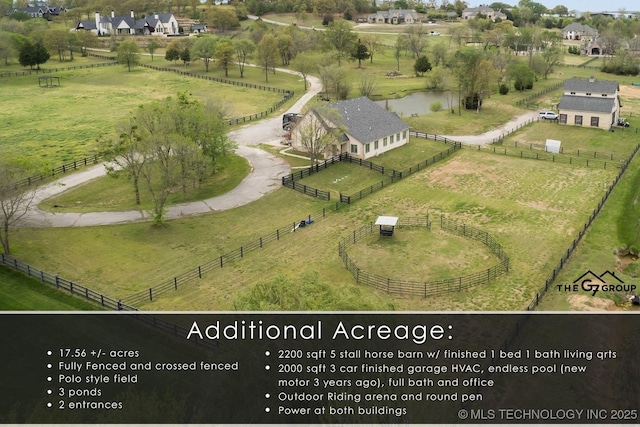 aerial view featuring a rural view and a water view