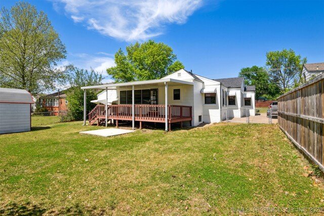 3006 E 21st St, Tulsa, OK 74114 - rear view of property with a fenced backyard, a deck, a shed, and a patio