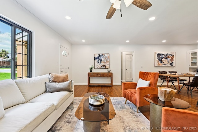 3006 E 21st St, Tulsa, OK 74114 - living room with recessed lighting, ceiling fan, and wood finished floors