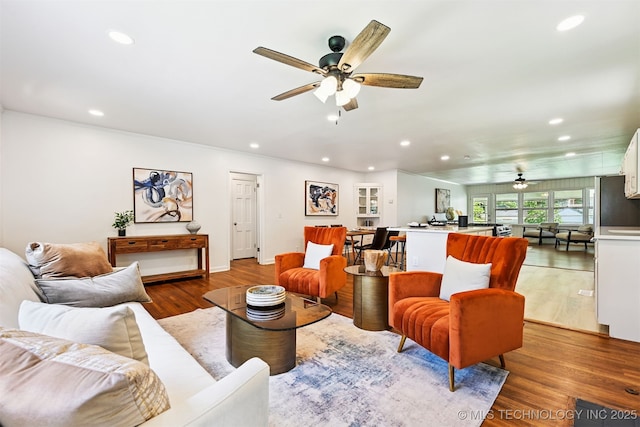 3006 E 21st St, Tulsa, OK 74114 - living area featuring ceiling fan, recessed lighting, and wood finished floors
