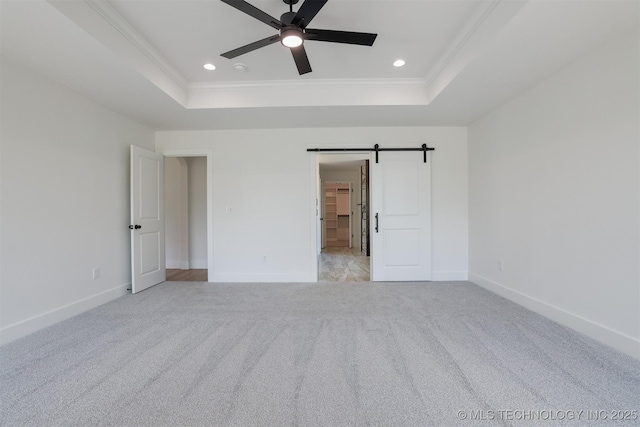 2044 E 129th Pl S, Jenks, OK 74037 - unfurnished bedroom with a tray ceiling, baseboards, light carpet, crown molding, and recessed lighting