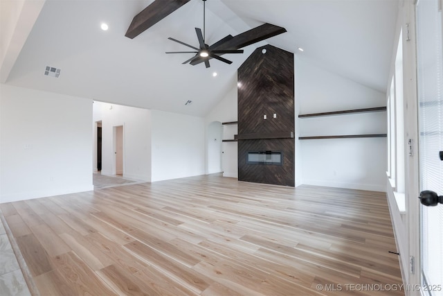 2044 E 129th Pl S, Jenks, OK 74037 - unfurnished living room featuring high vaulted ceiling, a ceiling fan, a large fireplace, light wood-style flooring, and beamed ceiling