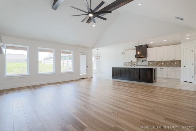 2044 E 129th Pl S, Jenks, OK 74037 - unfurnished living room featuring high vaulted ceiling, a sink, ceiling fan, light wood finished floors, and recessed lighting