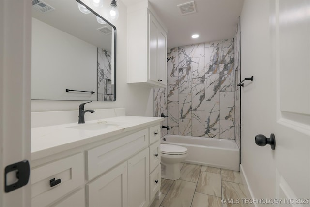 2044 E 129th Pl S, Jenks, OK 74037 - bathroom featuring vanity, toilet, recessed lighting, shower / tub combination, and marble finish flooring