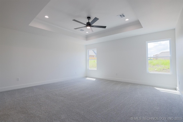 2044 E 129th Pl S, Jenks, OK 74037 - unfurnished room with a tray ceiling, recessed lighting, ceiling fan, baseboards, and carpet