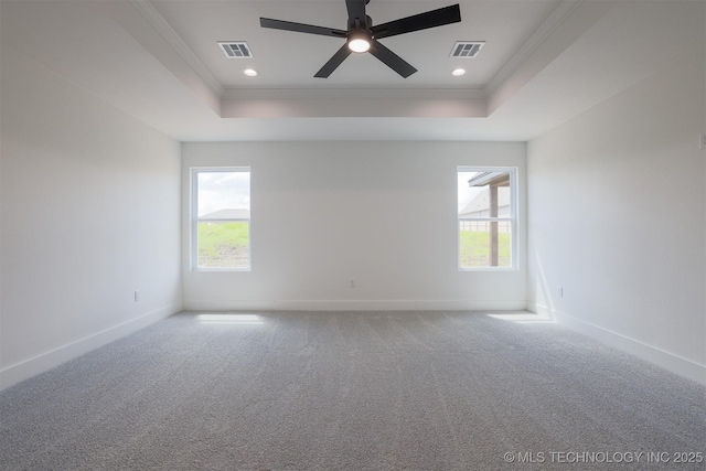 2044 E 129th Pl S, Jenks, OK 74037 - empty room with a raised ceiling, crown molding, plenty of natural light, carpet flooring, and ceiling fan