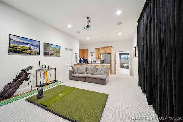 7300 E College St, Broken Arrow, OK 74014 - living room featuring light carpet, recessed lighting, baseboards, and golf simulator