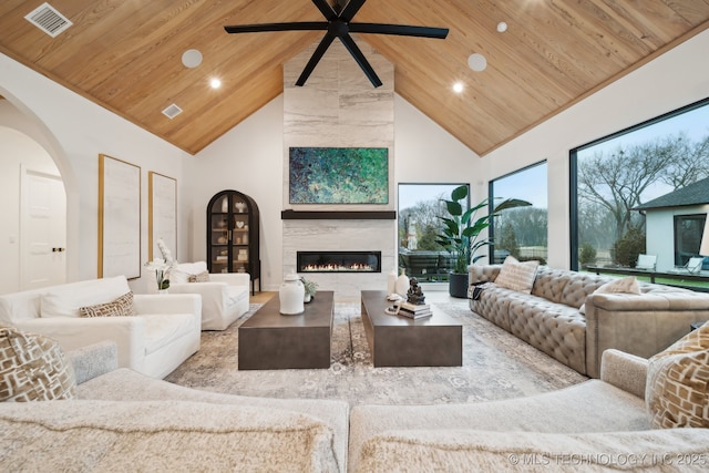 7300 E College St, Broken Arrow, OK 74014 - living area featuring high vaulted ceiling, wooden ceiling, arched walkways, a fireplace, and ceiling fan