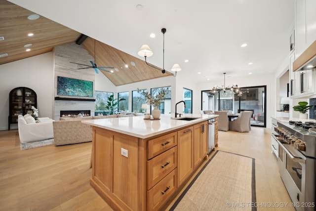 7300 E College St, Broken Arrow, OK 74014 - kitchen with stainless steel appliances, recessed lighting, a fireplace, a sink, and light countertops