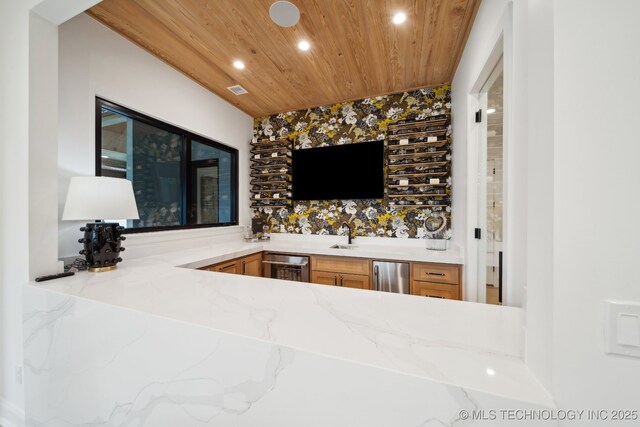 7300 E College St, Broken Arrow, OK 74014 - indoor wet bar with wooden ceiling, recessed lighting, and refrigerator
