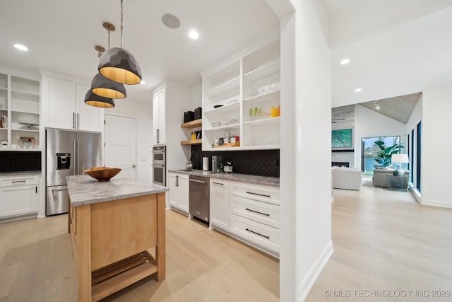 7300 E College St, Broken Arrow, OK 74014 - kitchen featuring open shelves, stainless steel appliances, backsplash, recessed lighting, and white cabinets