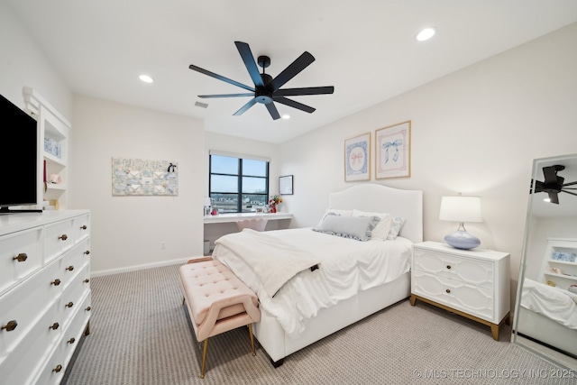 7300 E College St, Broken Arrow, OK 74014 - bedroom featuring light colored carpet, recessed lighting, baseboards, and a ceiling fan