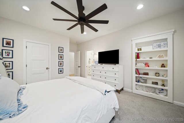 7300 E College St, Broken Arrow, OK 74014 - bedroom with light carpet, recessed lighting, baseboards, and ceiling fan