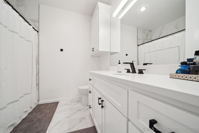 7300 E College St, Broken Arrow, OK 74014 - bathroom with marble look tile flooring, vanity, baseboards, toilet, and a shower with curtain