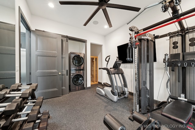 7300 E College St, Broken Arrow, OK 74014 - exercise area with stacked washer and clothes dryer, a ceiling fan, and recessed lighting