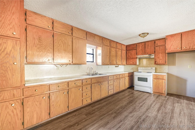 kitchen with tasteful backsplash, dark wood-type flooring, white range with electric cooktop, a textured ceiling, and sink