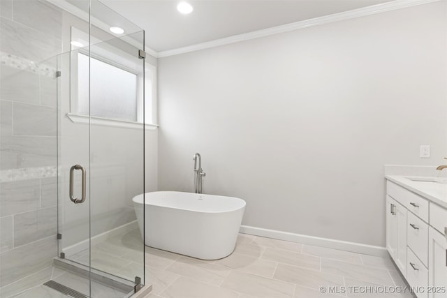 bathroom featuring ornamental molding, vanity, and plus walk in shower