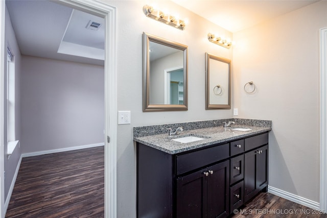 bathroom with hardwood / wood-style flooring and vanity