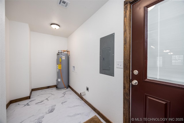 719 W Evergreen, Durant, OK 74701 - utility room with electric panel, water heater, and visible vents
